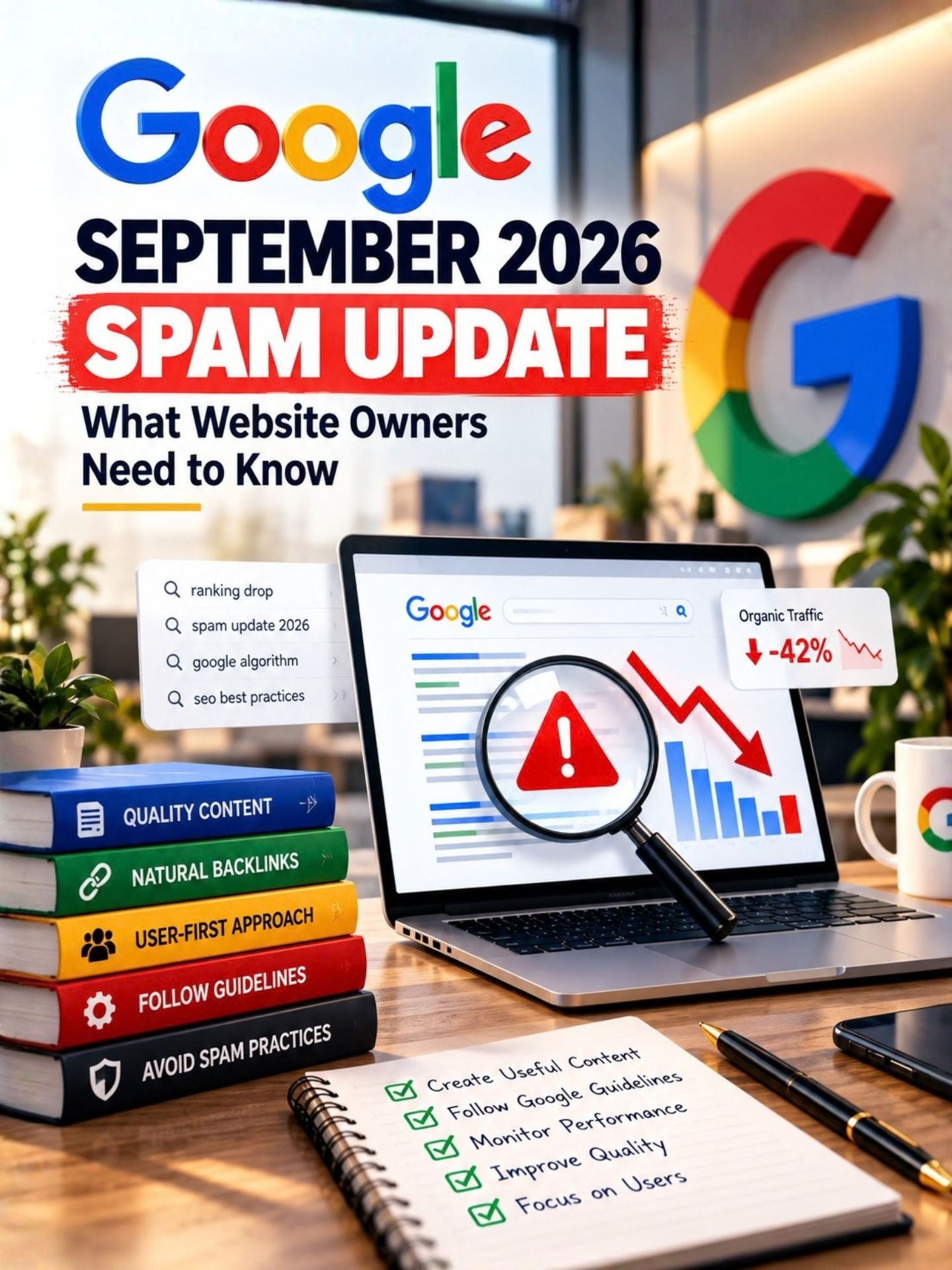 Google September 2026 Spam Update SEO guide for website owners. Desh Deepak Sachdeva. Google September 2026 spam update: laptop showing an organic traffic drop with an SEO best practices checklist